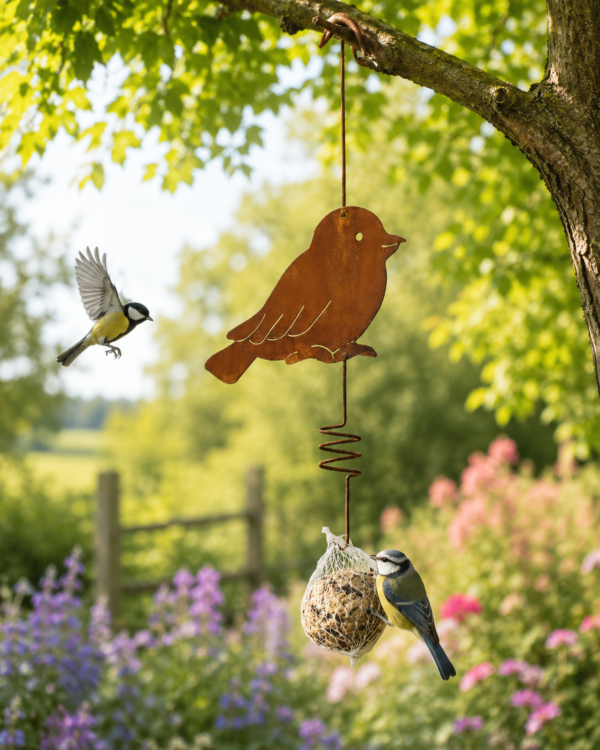 Vogel aus Metall mit Meisenknödel
