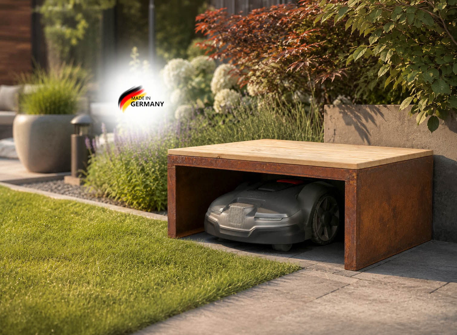 Mährobotergarage mit Holzabdeckung